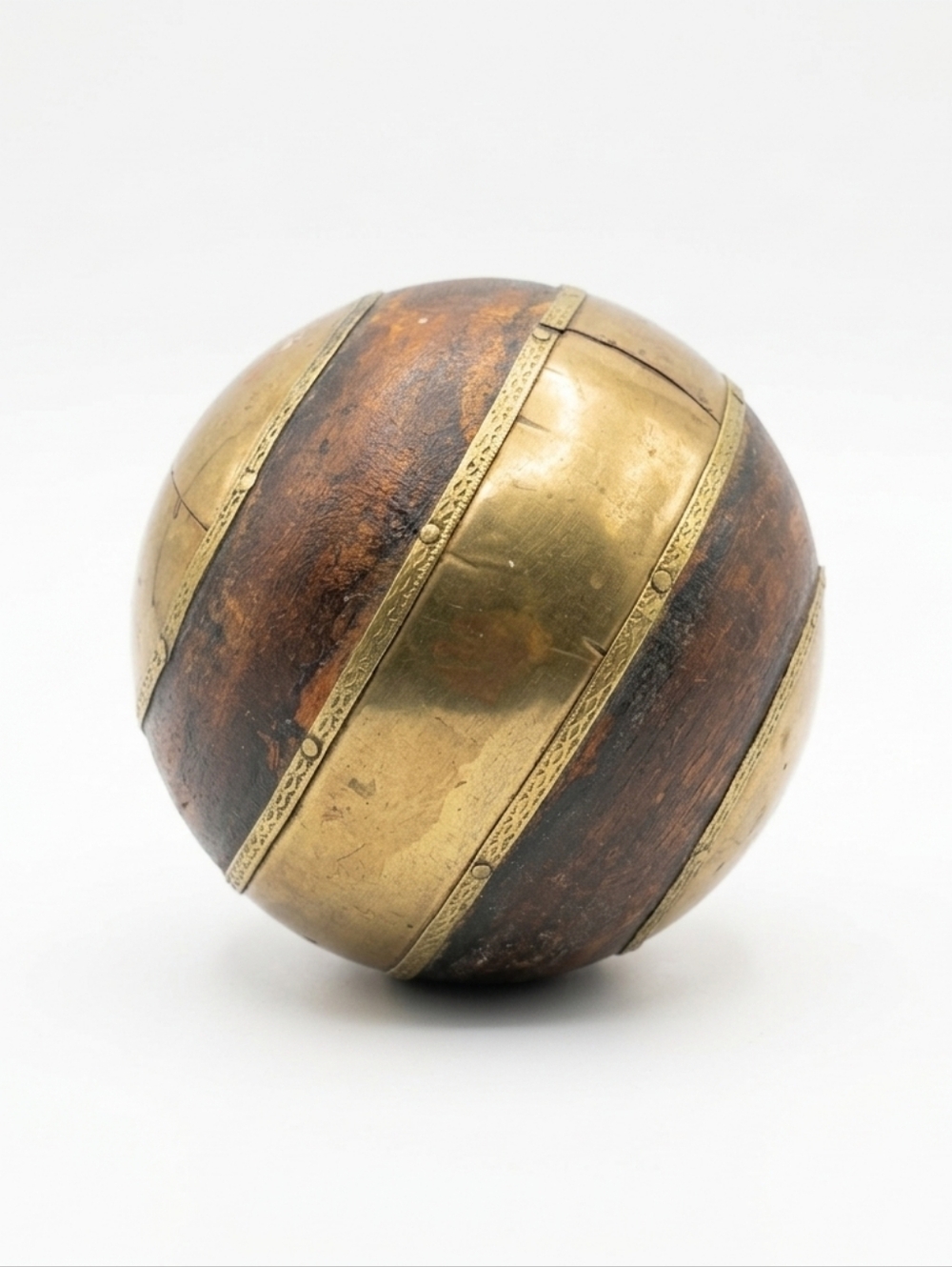 Vintage Brass-Mounted Wooden Ball, India